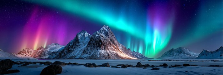 Northern lights shimmer above icy mountains in winter night sky