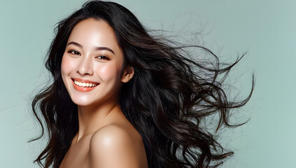 A young woman with a bright smile and beautiful, flowing black hair is suitable for advertising shampoo, conditioner, cosmetic products, fashion and beauty
