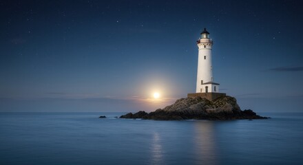 Serene Nightscape with Radiant Lighthouse Illuminating Rocky Coastline Under Moonlight in Calm Waters Against Starry Sky