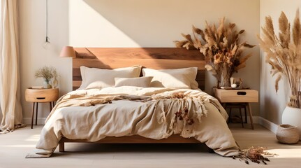 Sunlit bedroom with beige linens, wooden headboard.generative.ai