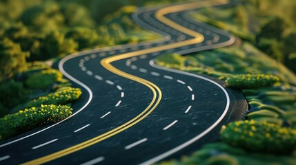 A winding road through a lush green landscape with yellow stripes and white dashed lines, surrounded by greenery and trees, with a clear blue sky in the background.