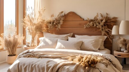 Sunlit bedroom with beige linens, wooden headboard.generative.ai