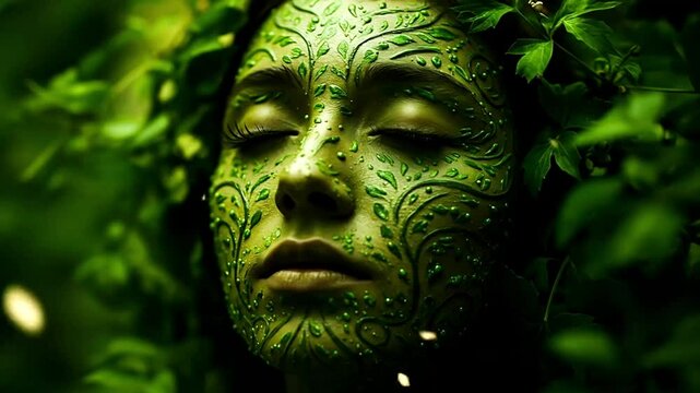 Surreal ultra-detailed video of fair-skinned woman&rsquo;s face adorned with swirling leafy patterns, macro cinematic motion, subtle glowing effects, lush foliage, nature-inspired art