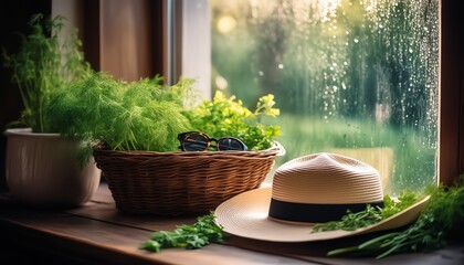Woven basket with a summer hat, sunglasses, and fresh herbs by a rain-speckled window. Blurred green outside, warm indoor light. Perfect for seasonal, lifestyle, or home themes