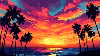 A dramatic sunset sky filled with shades of fiery orange, deep pink, and purple, casting a colorful glow over the ocean. Palm tree silhouettes line the horizon