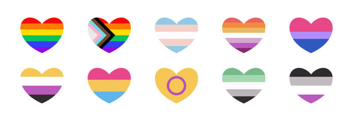 Set of Heart Shape Pride Flags Representing Rainbow Progressive and LGBTQIA+ Identities Including Lesbian Transgender Nonbinary Pansexual Aromantic Asexual Bisexual and Intersex in Vector Illustration