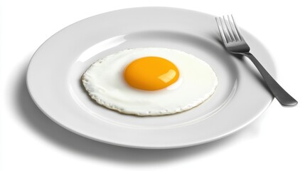 Soft shadows surround a single fried egg on a white ceramic plate, adding depth on white