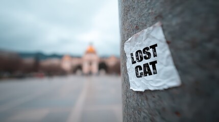 Lost cat poster attached to a street pole in an urban area during a cloudy day. National Lost Pet Prevention Month