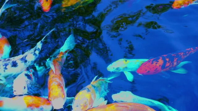 Top view of Koi fish or Cyprinus carpio or Carp fish are swimming in a pond.