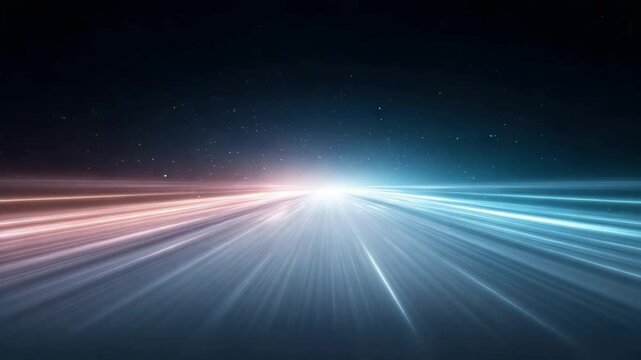 A sci-fi hyperdrive tunnel with high-speed glowing lines rushing toward the viewer. Light effects representing fast and advanced technology. A sense of futurism.