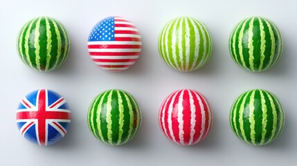 Fototapeta premium Unique watermelons decorated with national flags in various designs for a festive occasion. National Watermelon Month