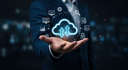 Cloud Computing and Data Storage Concept. Businessman Holding a Glowing Digital Cloud Icon with Upload and Download Arrows, Representing Connectivity and Global Networking.