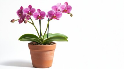 Two orchids growing from same pot with soft shadows on bright white background