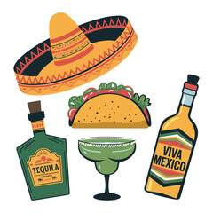 Mexican food, tacos, drink, sombrero vector illustration design