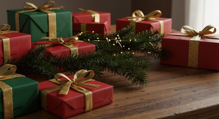 Colorful Christmas gift boxes with golden ribbons on wooden table  