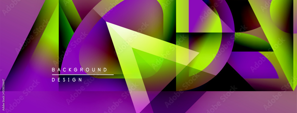 Poster abstract geometric shapes blend vibrant purple, green hues. dynamic composition creates modern backg
