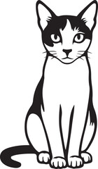 Cat sitting illustration black and white calm pose, Pet feline minimal line art