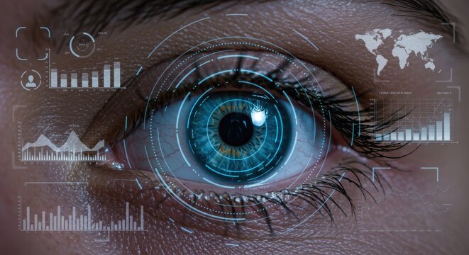 Futuristic Biometric Eye Scan with Digital HUD Interface – Cybersecurity and Artificial Intelligence Concept