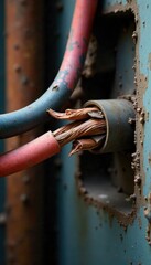 Close-up of frayed electrical wires, exposed copper, damaged insulation, posing a significant fire and shock hazard Proper wiring is crucial for home safety , prevention, maintenance, energy