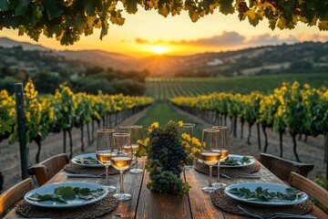 Fototapeta premium Vineyard sunset dinner romantic table setting