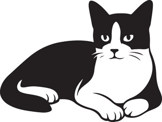 Lying black and white cat simple pose, Resting cat silhouette minimal style