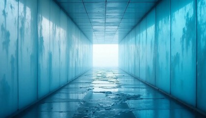 The interior of a sci-fi futuristic modern retro alien dance club surrounded by neon lights and glowing electrical devices glinting in a dark, empty, grungy, concrete reflection corridor background