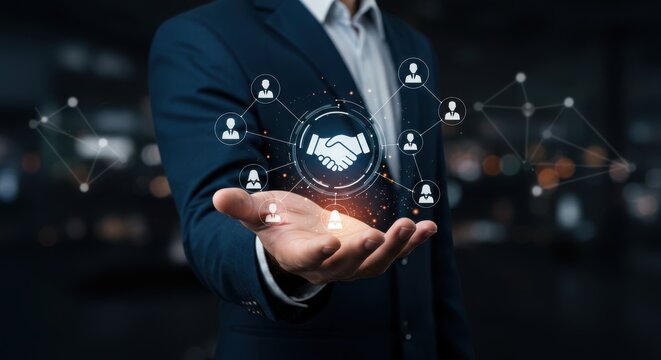 Businessman Holding Virtual Handshake Hologram – Networking, Partnership, and Teamwork Concept