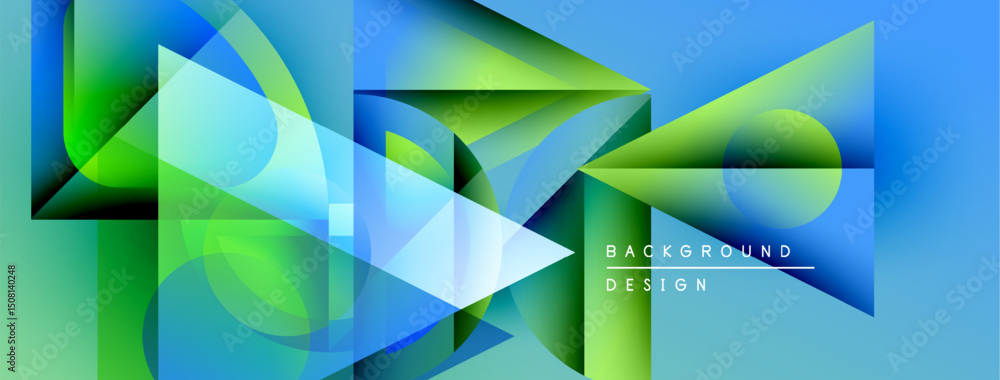 Aufkleber Abstract geometric shapes blend blues, greens. Modern design evokes dynamic energy, visual interest. Background features layered forms, gradients.