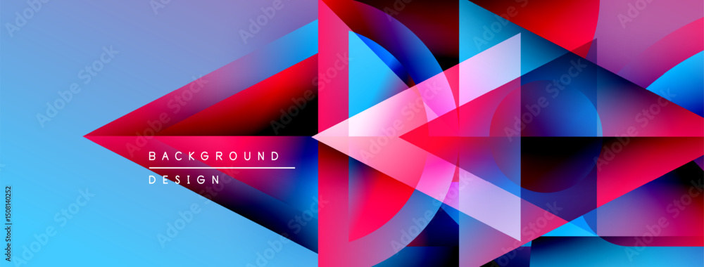 Poster abstract geometric shapes overlap, creating vibrant blue, pink, purple gradients. modern design elem