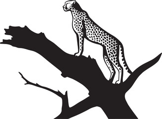 Cheetah perched on tree silhouette design, Wild feline on branch black outline