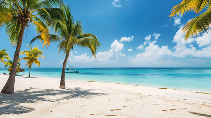  Tropical beach. Summer vacation on a tropical island with beautiful beach and palm trees. Tropical Maldives.