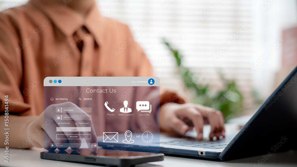 Poster customer with virtual contact us interface on tablet screen, login form and customer service icons s