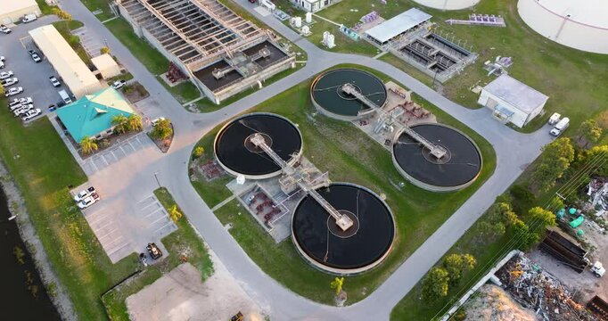 Large water treatment facility in Florida, USA. Industrial infrastructure for municipal water purification and wastewater processing.