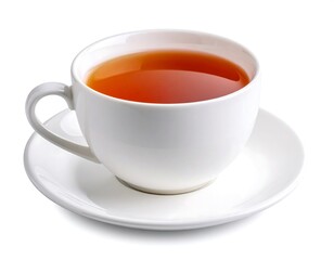 A full cup of tea on a saucer, isolated on white