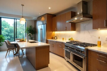 A gleaming, state-of-the-art kitchen boasts top-of-the-line appliances, ample counter space, and custom cabinetry, perfect for culinary enthusiasts ,  cooking,  custom cabinets,  kitchenware