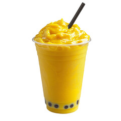 Refreshing mango smoothie with tapioca pearls, served in clear cup