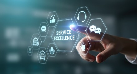 Businessman Touching Digital Screen with "Service Excellence" and Customer Support Icons. Concept of Quality Management, Client Satisfaction, and Professional Service.