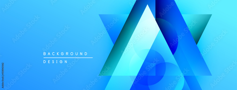 Poster abstract geometric shapes overlap, creating vibrant blue gradients. modern design evokes technology,