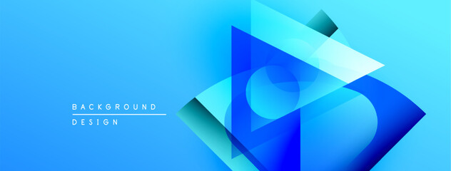 Abstract blue design features overlapping geometric shapes, gradients, dynamic composition. Modern aesthetic, suitable background element.