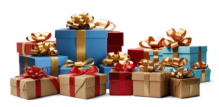festive Christmas gifts, presents boxes in a row, 3d illustration