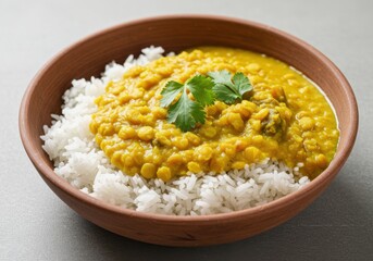 Delicious yellow lentil curry with rice in a clay bowl