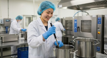 Smiling Scientist or Food Technologist Working in a Food Production Lab, food science, laboratory, lab, scientist, technologist, research, development