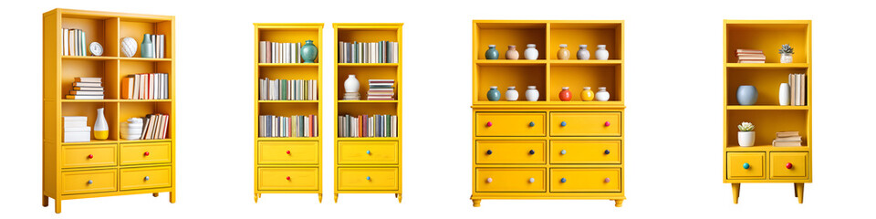 Vivid yellow bookshelves with creative designs, showcasing books and decorative items, perfect for home decor, modern spaces, and adding a splash of color to interiors