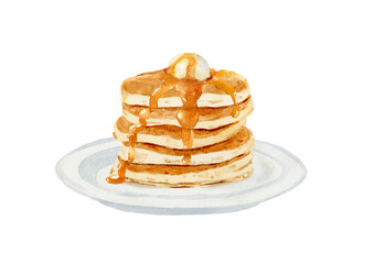 バターとハチミツがかかった、重ねてあるパンケーキ　手描き水彩イラスト