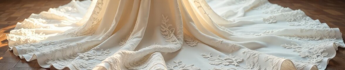 Obraz premium A breathtaking wedding gown, intricate lace details, flowing skirt, elegant train Perfect for bridal magazines, websites, and blogs , wedding inspiration, clothing