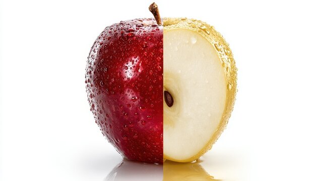 Half red, half yellow apple, water droplets