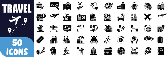 Fototapeta premium Travel icons set airplane flight trip journey vacation