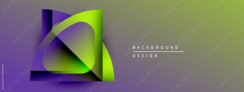 Poster abstract geometric shapes overlap, creating vibrant gradient effect. purple, green hues dominate des