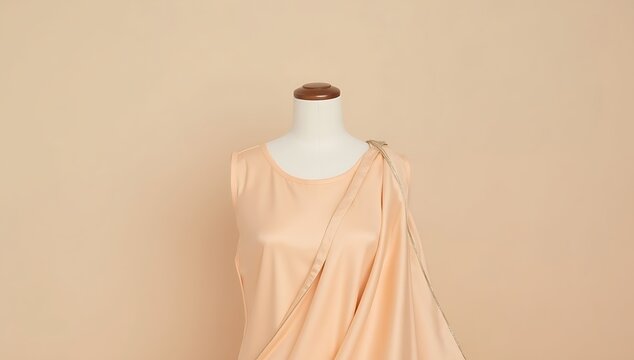 Sleeveless frock in pastel peach with zari border and dupatta on mannequin bust for Indian girl festive collection

