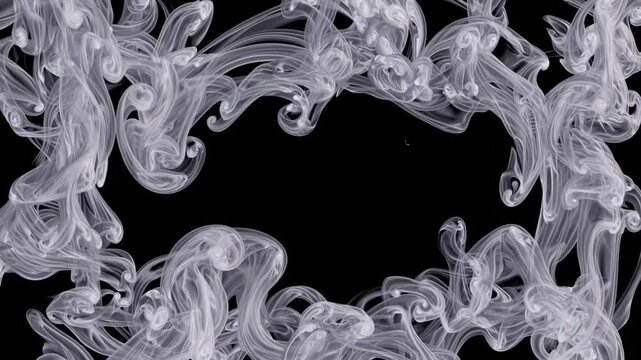Rectangular frame made of white fluid smoke portal on black chroma key background, overlay alpha channel VFX	